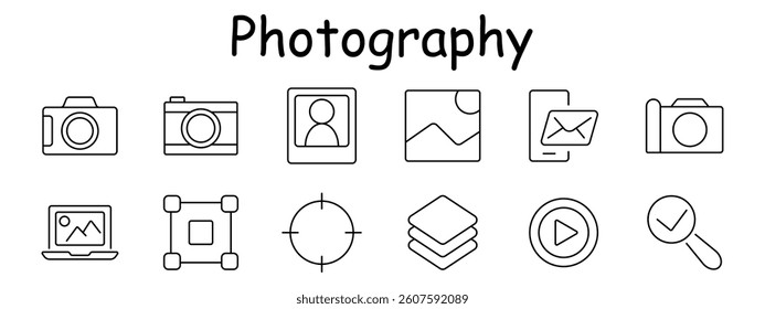 Photography set icon. Camera, portrait, photo frame, mobile message, gallery, laptop view, resize tool, focus target, layers, play button, search. Photo content, design, editing process