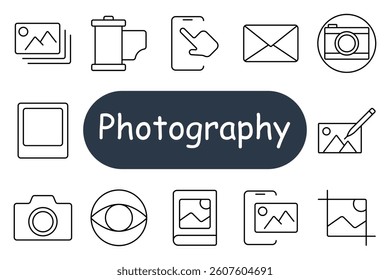 Photography set icon. Includes cameras, photo prints, slides, eye icon, image editor, photo book, landscape picture, photo frame, mobile photo view, crop tool, and film roll