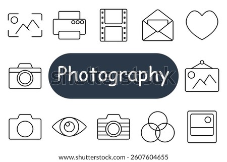 Photography set icon. Includes framed landscape image, printer, film roll, envelope, hanging photo, heart shape, layered camera, color circles, polaroid, and eye viewing icon.