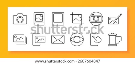 Photography set icon. Line icons of camera, polaroid, frame, crop, editing, gallery, image stack, email, film, tap gesture on white background focused on image capture