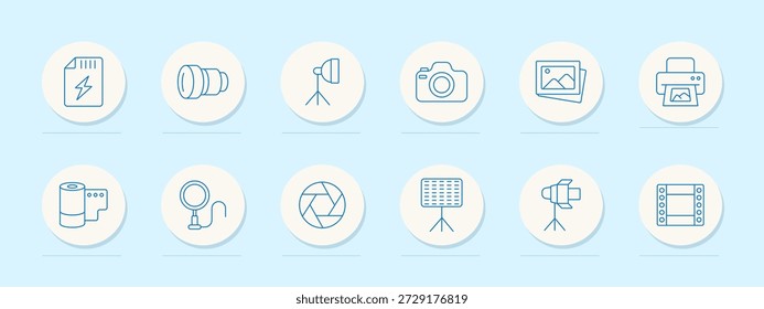 Photography set icon. Memory card, zoom lens, tripod light, DSLR camera, photo stack, print device, film roll, video camera, aperture, spotlight, flash unit, movie frame.