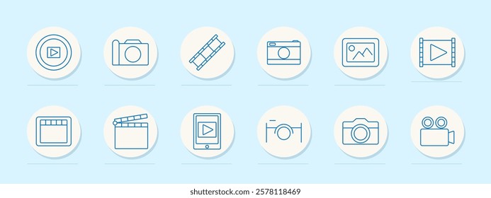 Photography set icon. Video player, camera, filmstrip, gallery, video editing, mobile media, recording, content creation, photo album, filmmaking, movie