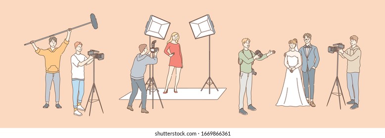 Photography and shooting, journalism set concept. Collection of group men and women, photo and videographers using cameras and video, taking pictures of wedding, model. Simple flat vector