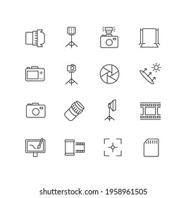 Photography simple thin line icon set vector illustration. Soft box, photo camera, lens, sunny side, sd card, equipment for photography.