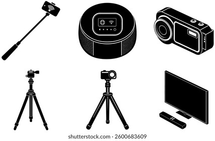 Photography and Smart Tech Silhouette Icons Set – Camera, Tripod, Selfie Stick, Smart Speaker, and TV