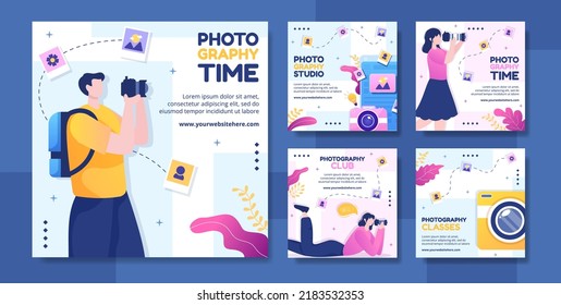 Photography Social Media Post Template Flat Cartoon Background Vector Illustration