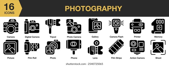 Conjunto de ícones sólidos de fotografia. Inclui câmera de ação, flash, digital, rolo de filme, galeria e Mais. Coleção vetorial de ícones sólidos.