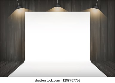 Photography studio background with lighting in dark room space. Vector illustration.