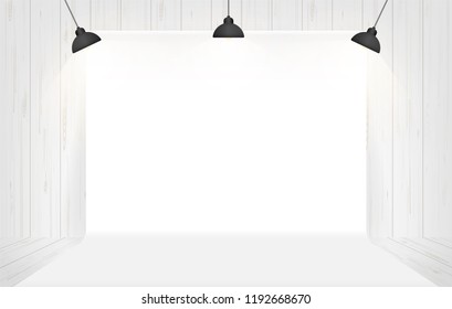 Photography studio background with lighting in white room space. Vector illustration.