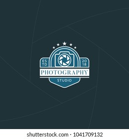 Photography studio badge or label design, Logo for studio and photographer or videographer with camera symbol. Photography logo template