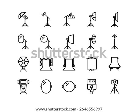 Photography Studio Equipment Vector Icon Set – Flashes, Lighting, Softbox, Tripod, Background, Product Photography Table, Studio Flash, Reflector, Lightbox, Cable, Photography Accessories