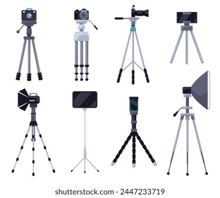 Photography studio equipment. Vector set showcasing different types of tripods with cameras and lighting equipment, in a clean flat design style, isolated on white