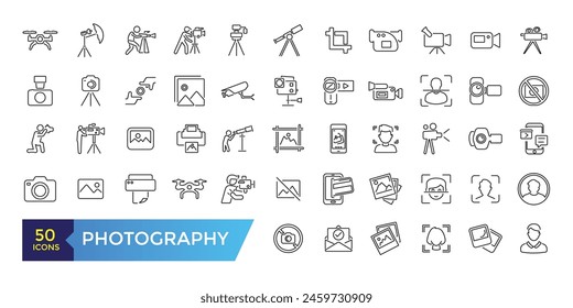 Photography studio and film icon set. Photo lens technology, different digital icon collection.