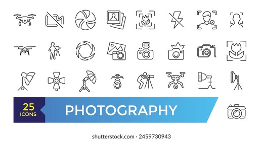 Photography studio and film icon set. Photo lens technology, different digital icon collection.