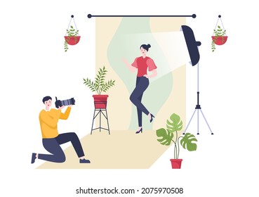 Photography Studio Flat Design Background. Photographer Shooting Model with Lights, Digital Film Equipment and Camera in Cartoon Style Vector illustration