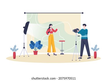 Photography Studio Flat Design Background. Photographer Shooting Model with Lights, Digital Film Equipment and Camera in Cartoon Style Vector illustration