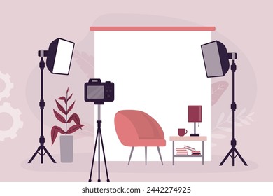Photography studio with furniture, lights and cameras. Photo studio interior with soft box light, camera, tripod and backdrop. Nobody, interior without people, template. flat vector illustration