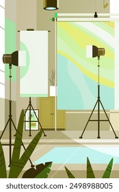 Photography studio interior with lighting equipment backdrop and plants modern professional workspace creative environment