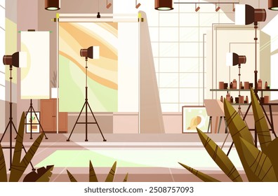 Fotografie Studio Interieur mit Beleuchtungsausrüstung und Kulissen Modernes geräumiges Studio-Setup mit Pflanzen und künstlerischem Dekor Kreatives Arbeitsplatzdesign