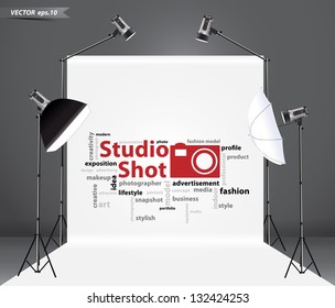 Photography Studio With A Light Set Up And White Backdrop, With Creative Word Cloud Idea Concept, Vector Illustration Template Design