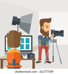 A Photography studio with a light set up and white backdrop and his companion with laptop for developing the picture. A Contemporary style with pastel palette, soft grey tinted background. Vector flat