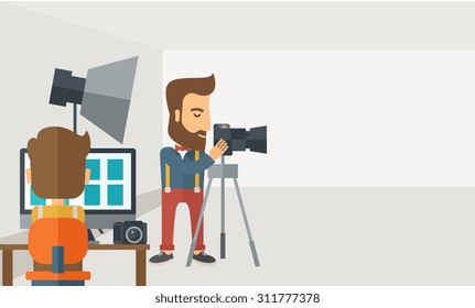 A Photography Studio With A Light Set Up And White Backdrop And His Companion With Laptop For Developing The Picture. A Contemporary Style With Pastel Palette, Soft Grey Tinted Background. Vector Flat