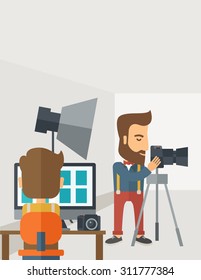 A Photography studio with a light set up and white backdrop and his companion with laptop for developing the picture. A Contemporary style with pastel palette, soft grey tinted background. Vector flat