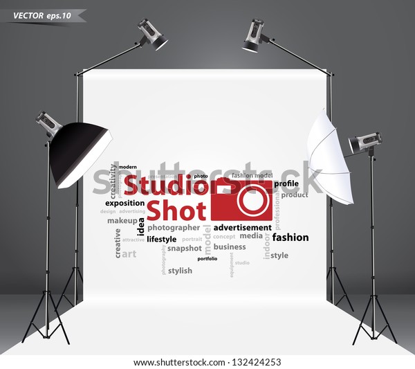 Photography studio with a light set up and white\
backdrop, with creative word cloud idea concept, Vector\
illustration template\
design