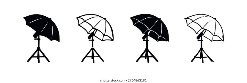 Photography Studio Light Umbrella Icon Collection. Flash Softbox and Tripod Symbols. Photo Lighting Vector.
