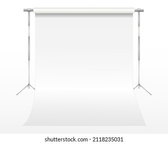 photography studio with lighting equipment and backdrop vector, Empty photo studio. Realistic 3D template mock up. Backdrop stand (tripods) with white paper backdrop.