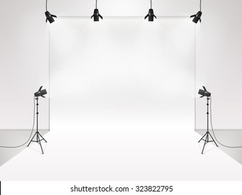 photography studio with lighting equipment and backdrop vector