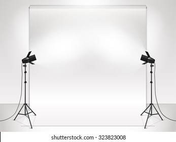 photography studio with lighting equipment and backdrop vector