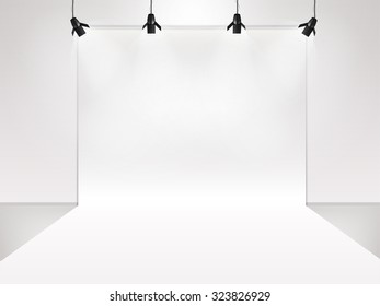 photography studio with lighting equipment and backdrop vector