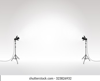photography studio with lighting equipment and backdrop vector