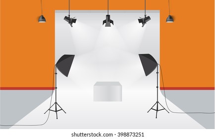 Photography studio with lighting equipment and backdrop. Illustrated vector. Display mock-up. Box in the middle for your object design