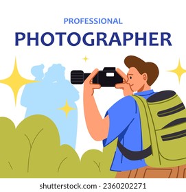 Concepto de afiche de estudio de fotografía. El hombre toma fotografías con una cámara amarilla. Paparazzi en el lugar de trabajo. Creatividad y arte. Plantilla y burla. Dibujo vectorial plano de dibujos animados