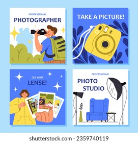 Photography studio posters set. Creativity and art. Man with camera, woman with pictures and photos. Lampd and armchairs. Cartoon flat vector collection isolated on blue background