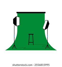 Photography Studio Setup With Green Screen In Flat Vector Illustration Symbolizing Media Production, Creativity, And Filming, Isolated On White Background