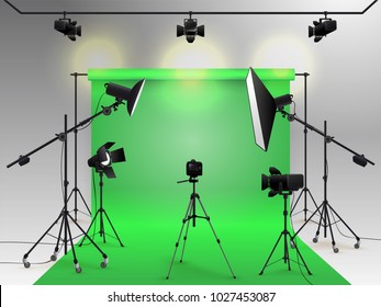 Photography studio vector. Photo studio green blank background with soft box light, camera, tripod and backdrop. Vector illustration. Isolated on white background