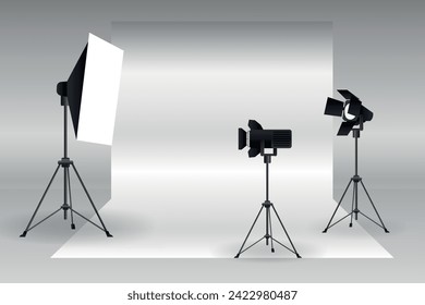 Vector de estudio de fotografía. Estudio fotográfico fondo blanco vacío con caja de luz suave