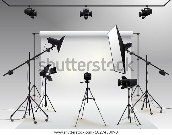 Photography studio vector. Photo\
studio white blank background with soft box light, camera, tripod\
and backdrop. Vector illustration. Isolated on white\
background