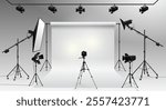 Photography studio vector. Photographic devices. Photo studio white blank background with soft box light, camera, tripod and backdrop. Vector illustration. Isolated on white background.