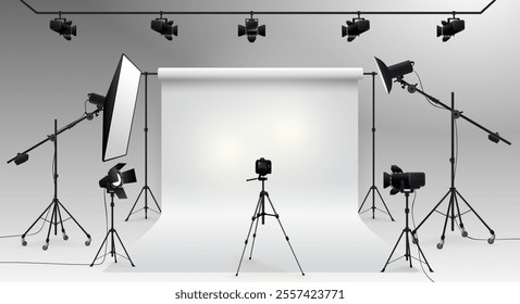 Photography studio vector. Photographic devices. Photo studio white blank background with soft box light, camera, tripod and backdrop. Vector illustration. Isolated on white background.