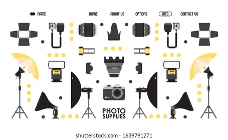 Photography supply website design, vector illustration. Professional photo equipment online shop, landing page template. Camera and lens isolated icons in flat style, photography gear and accessories