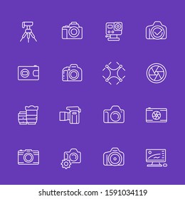 photography thin line icons, mirrorless, action camera, lenses, drone photo and tripod