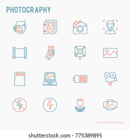 Photography thin line icons set of photographer, film, crop, flash, focus, light, panorama. Vector illustration.