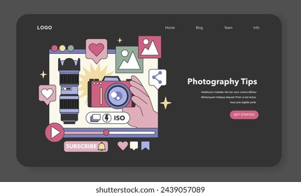 Photography Tips guide. Creative camera use, mastering shots with lens, flash, and settings. Enhancing visual storytelling, composition techniques. Flat vector illustration