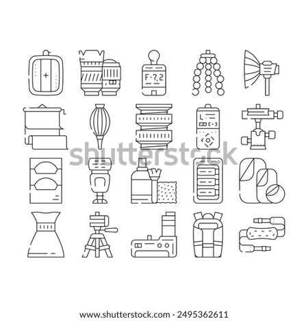 Photography Tool And Accessory Icons Set Vector. Photo Camera Lenses And Light Filters, Flexible Tripod And Background For Make Quality Photography. Battery Pack And Bag Black Contour Illustrations