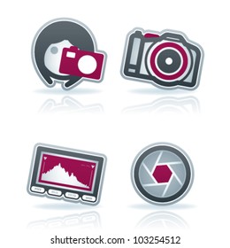 Photography tools & equipment icons set, pictured here from left to right: Woman photography, Professional Camera (DSLR), Histogram, Diaphragm.