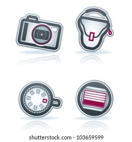 Photography tools & equipment icons set, pictured here from left to right: Compact camera, Camera bag, Dial button, Camera shutter.